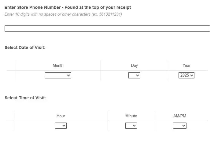 Form fields to enter Store phone number, Date, and Time manually