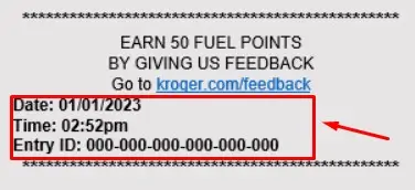 Kroger family stores receipt with Entry ID, Date of visit, and Time of visit at the bottom.